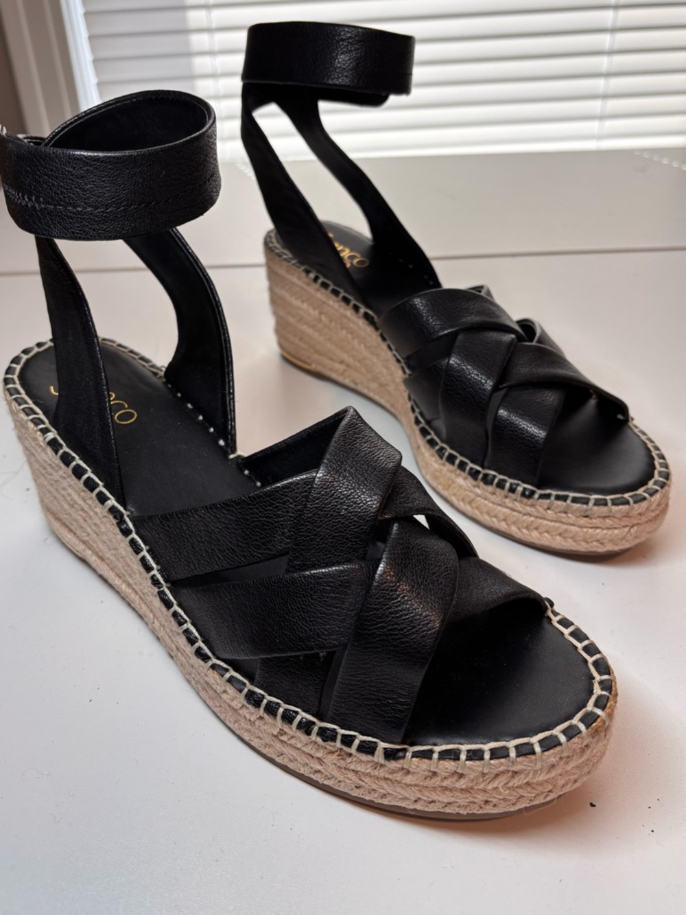 Franco Sarto black leather wedge sandals
